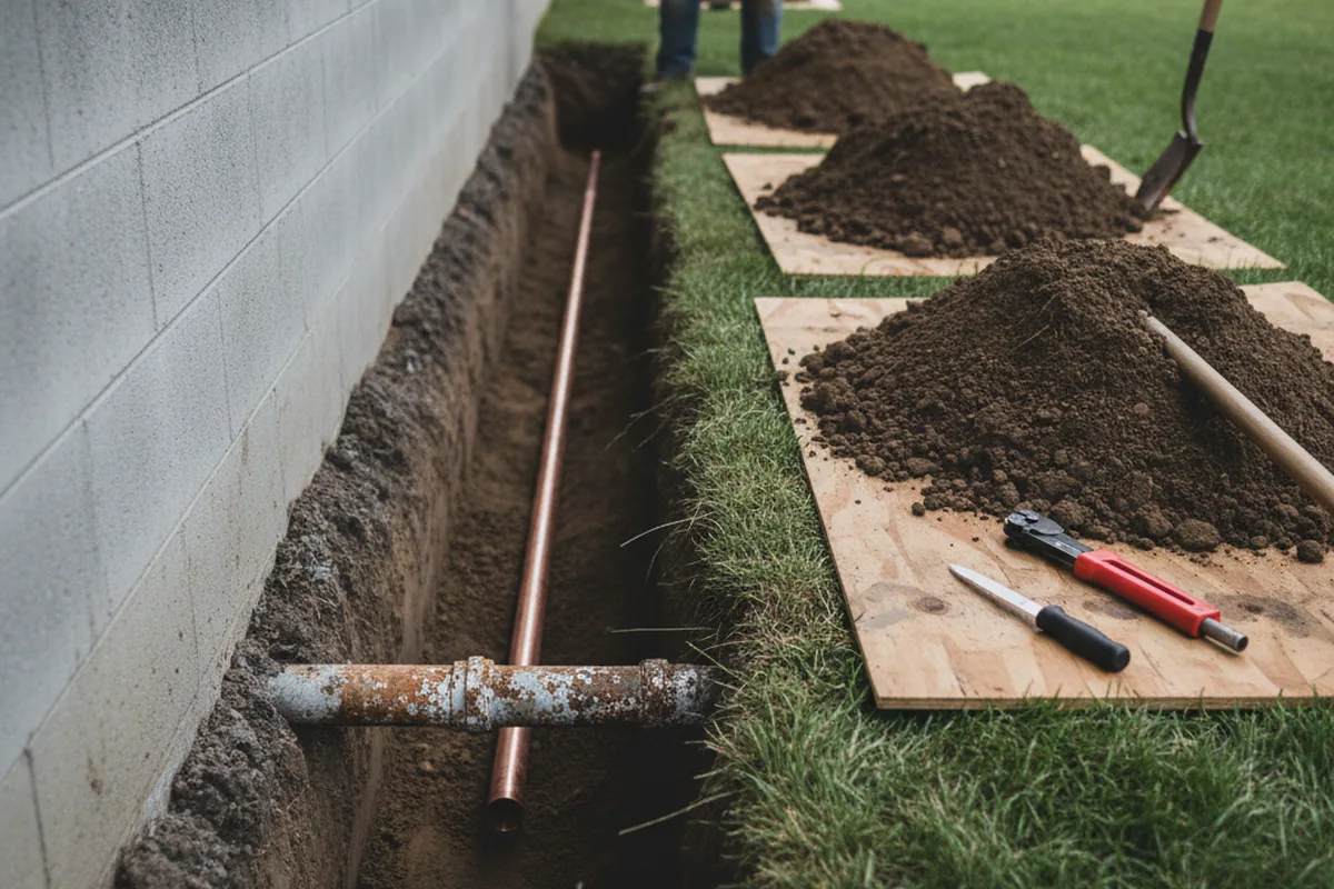 Excavated water line trench during Water Softener Installation in Nipomo